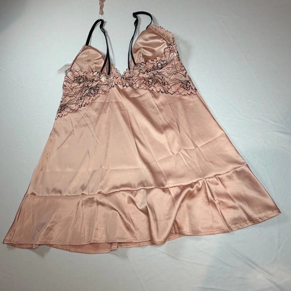 Auden Blush Pink With Black Lace Trim Silky‎ Babydoll  Lingerie Set In Medium